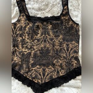 Vintage Lace Corset Style Camisole. Gold Satin and Black Lace. Brocade Design.